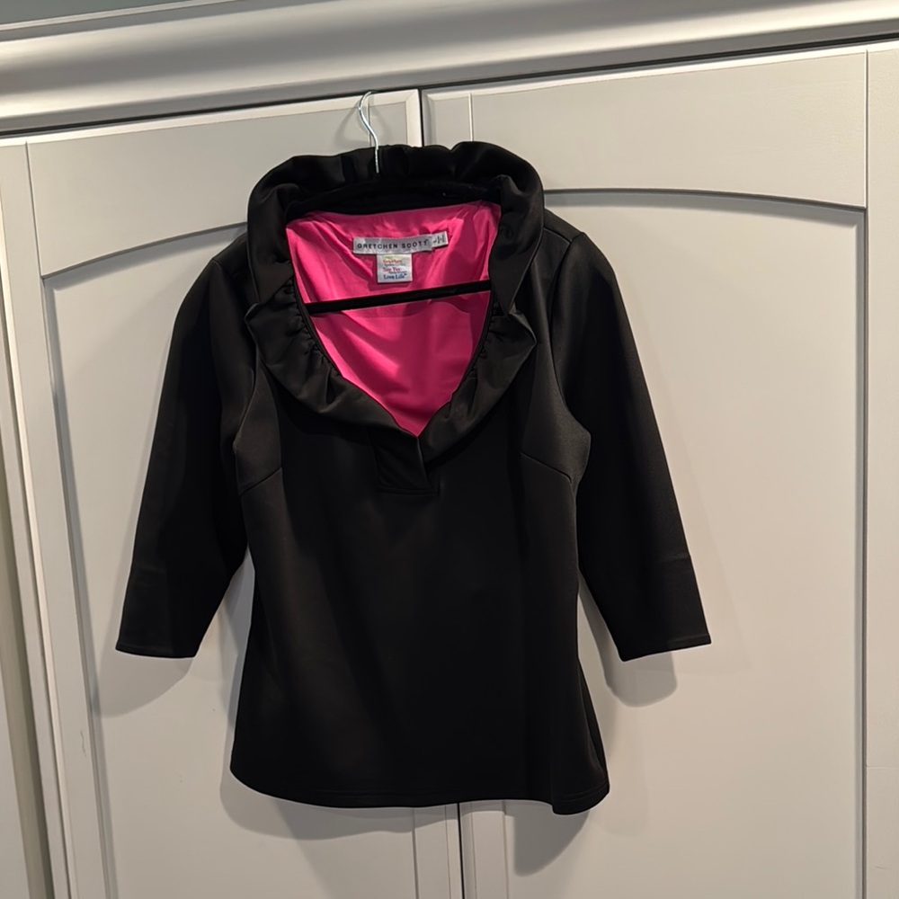 Gretchen Scott Designs Black Ruffle V Neck Blouse 3/4 sleeve with Pink Lining